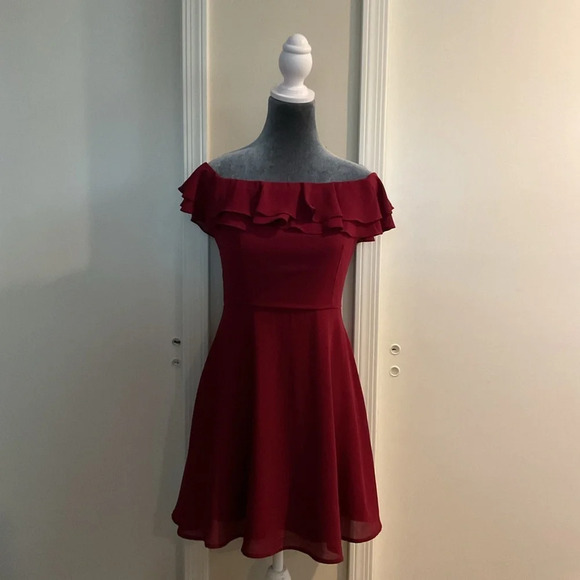 🖤 Lulu’s Win Your Heart Off the Shoulder Wine Red Ruffle Mini Skater Dress - Picture 2 of 5